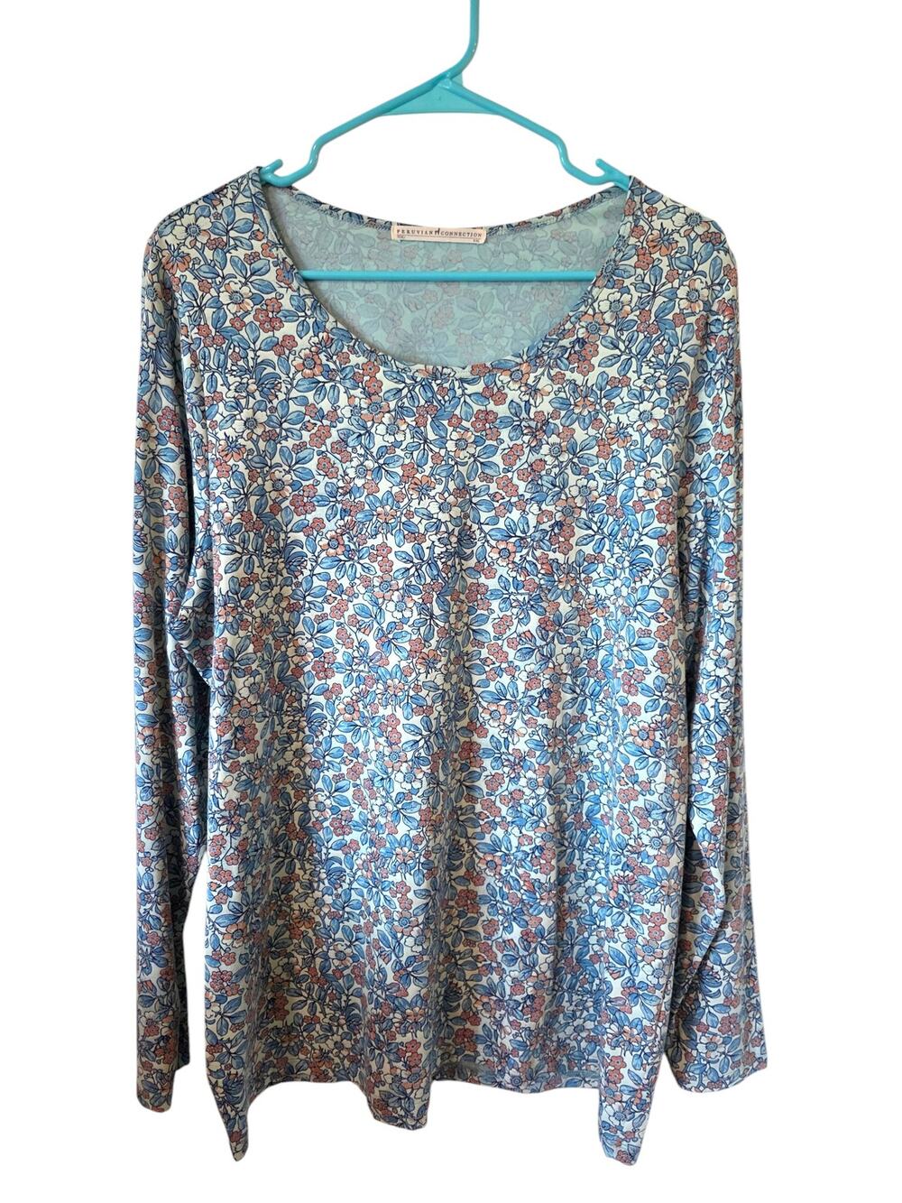 Peruvian Connection Womens Long Sleeve Floral Tee Plus Size XXL Blue